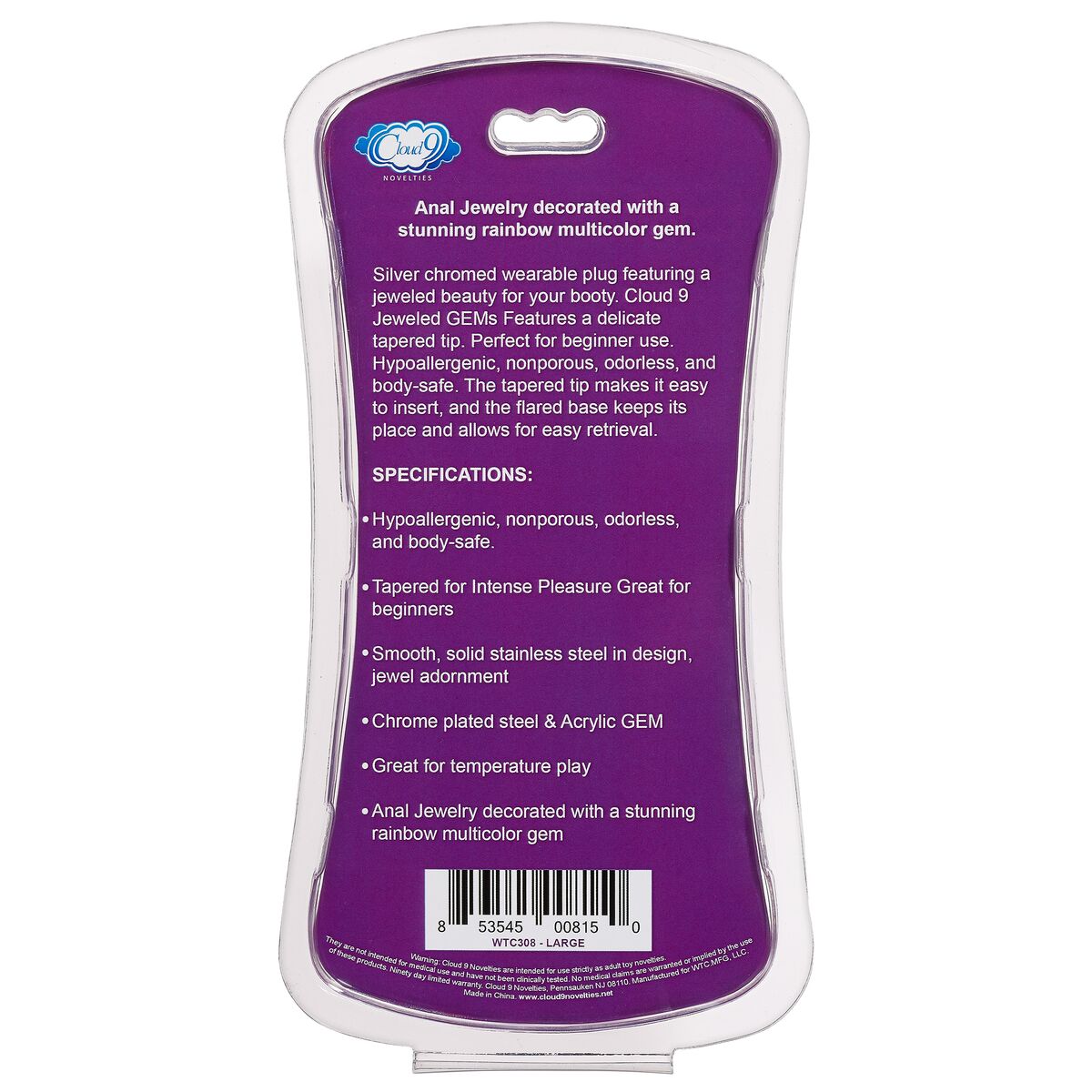 Cloud 9 Gems Silver Chromed Tall Anal Plug Large Intimates Adult Boutique