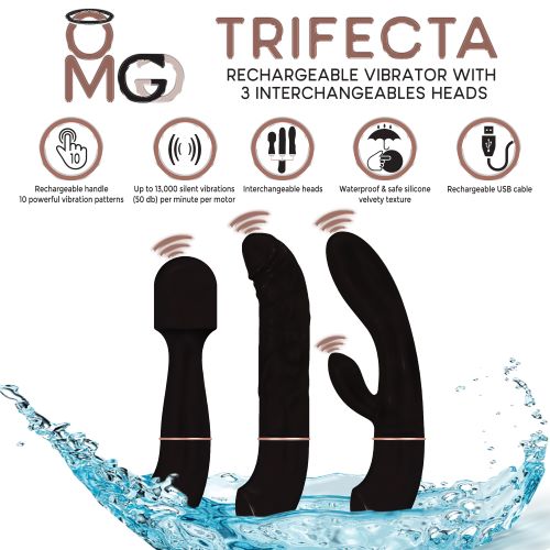 Trifecta Rechargeable Vibrator W- 3 Interchangeable Heads Black Intimates Adult Boutique