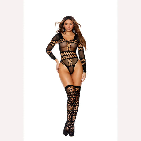 Long Sleeve Crochet Teddy W/ Stockings Black O/s Intimates Adult Boutique