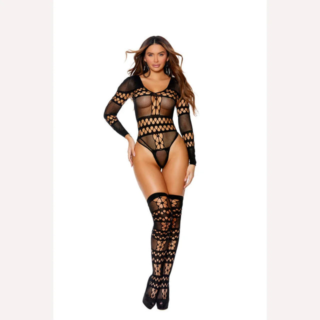 Long Sleeve Crochet Teddy W/ Stockings Black O/s Intimates Adult Boutique