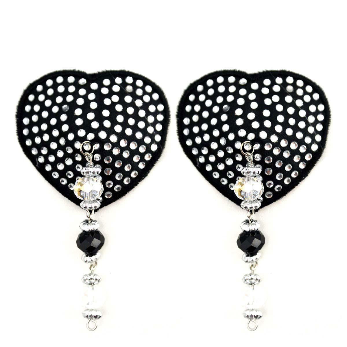 Heart Black Crystal Pasties w/ Beads - Lingerie Collection Intimates Adult Boutique