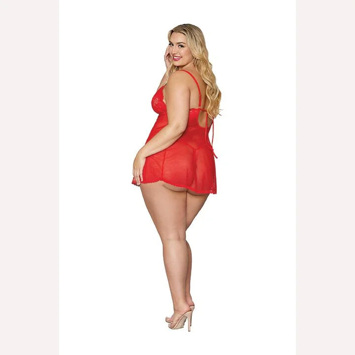 Lace & Mesh Babydoll & G- String Set Lipstick Red Q/s Intimates Adult Boutique